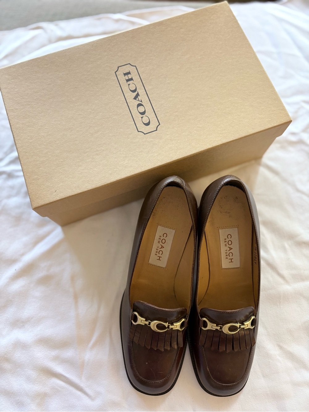 Vintage Coach Women's Brown Italian Leather Loafer with Stacked Heel Size 5.5